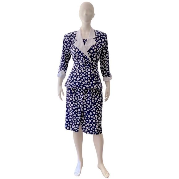 Vintage 50s Structured Skirt Set Peplum Waist Blue Polka Dot Wide Lapel Collar - Picture 1 of 15